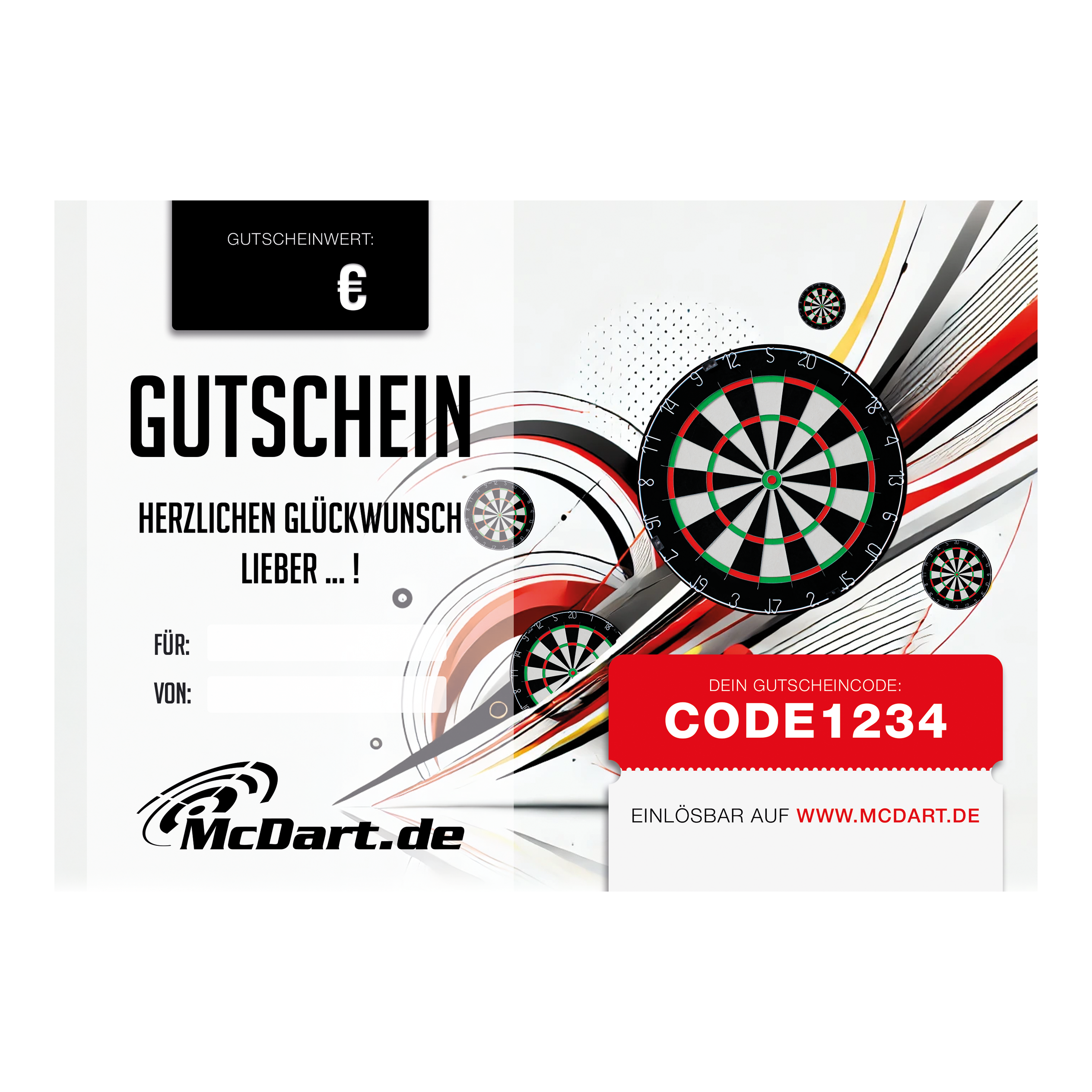 Das Bild zeigt einen Geschenkgutschein für Dartboards von McDart.de. Auf dem Gutschein sind mehrere Dartboards sowie ein Gutscheincode abgebildet.